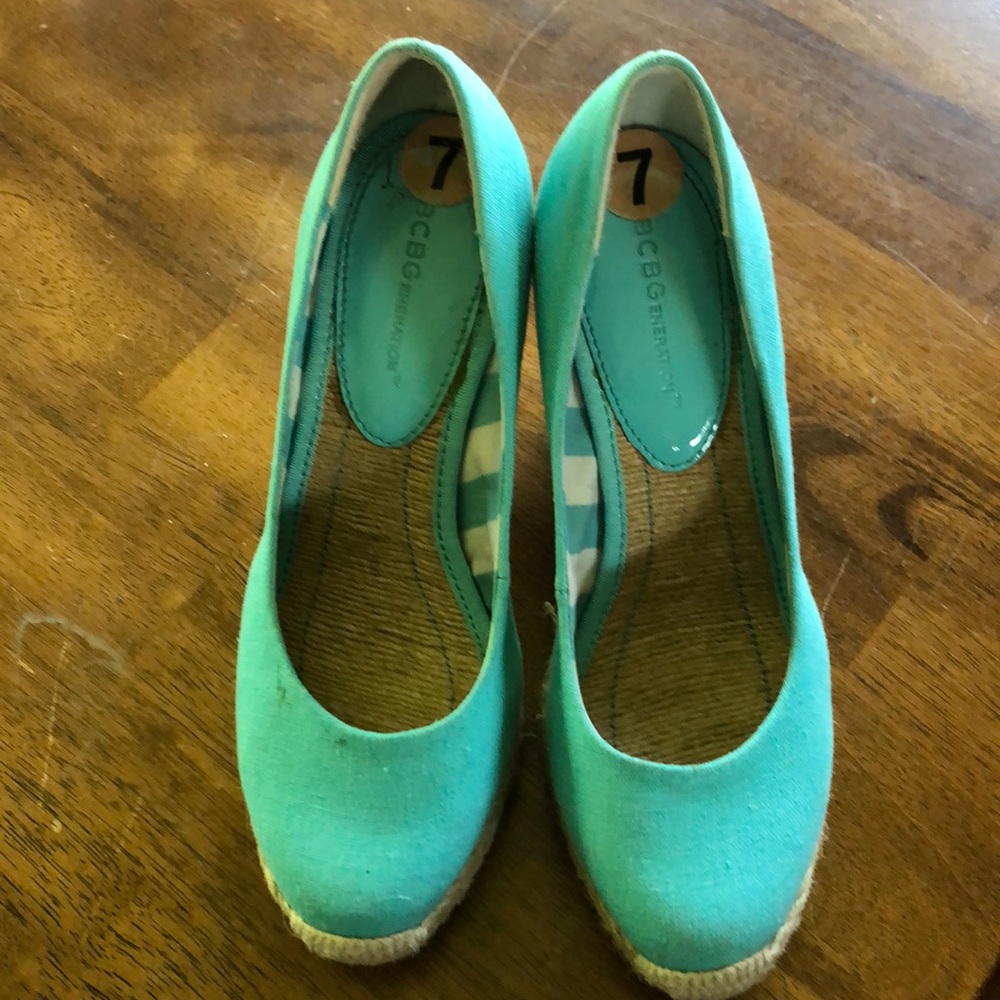 Teal wedge BCBG shoes